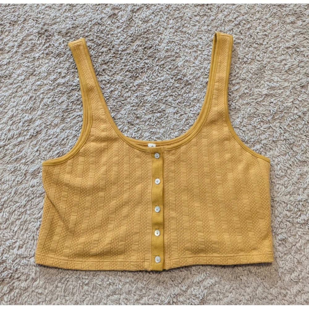 Intimately Free People Atlas Crop Tank Womens Sz M Ribbed Button Mustard Yellow
